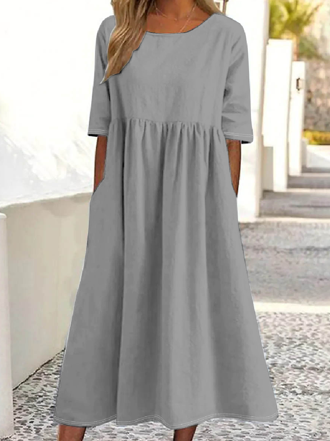 Einfach Unifarben Sommer Mikroelastizität Täglich Maxikleid Halbarm Rundhals A-Linien Kleider für Damen
