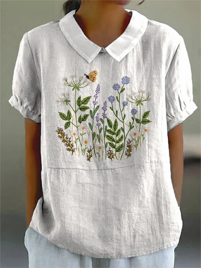 Damen Elegant Geblümt Sommer Polyester Keine Elastizität Täglich Weit Schalkragen H-Linie Bluse
