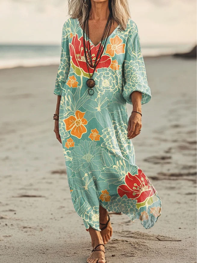 Damen Casual Geblümt Sommer V-Ausschnitt Normal Regelmäßige Passform Maxikleid Kurzarm Nein Gürtel Kleider