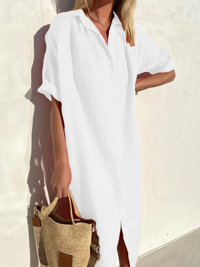 Damen Casual Unifarben Sommer Keine Elastizität Weit Maxikleid Halbarm H-Linie Blusenkleid Kleider