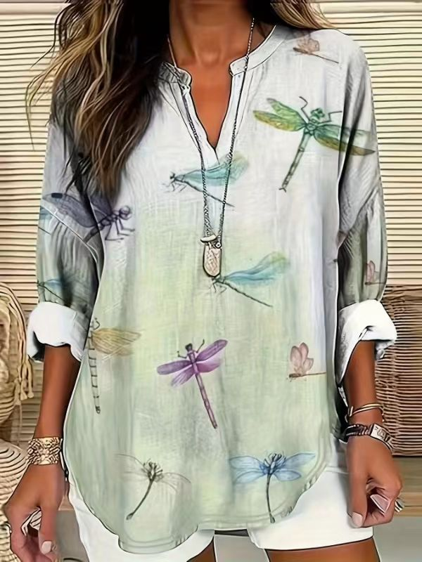 Lässig Frühling/Herbst Libelle V-Ausschnitt Print Keine Elastizität Täglich Baumwollmischung Regelmäßig Bluse für Damen