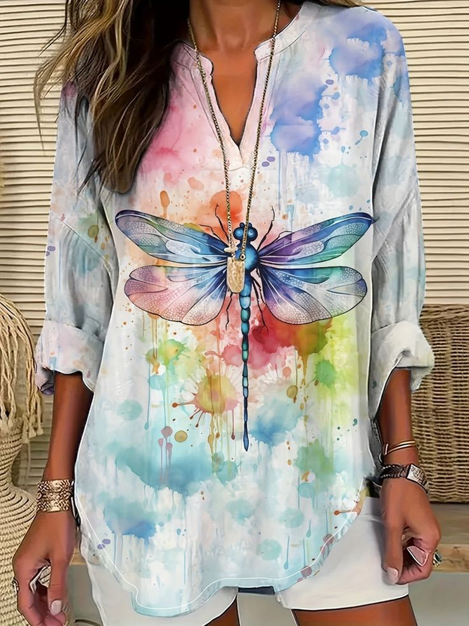 Damen Casual Frühling/Herbst Libelle Print Täglich Langarm Baumwollmischung A-Linien Regelmäßig Bluse