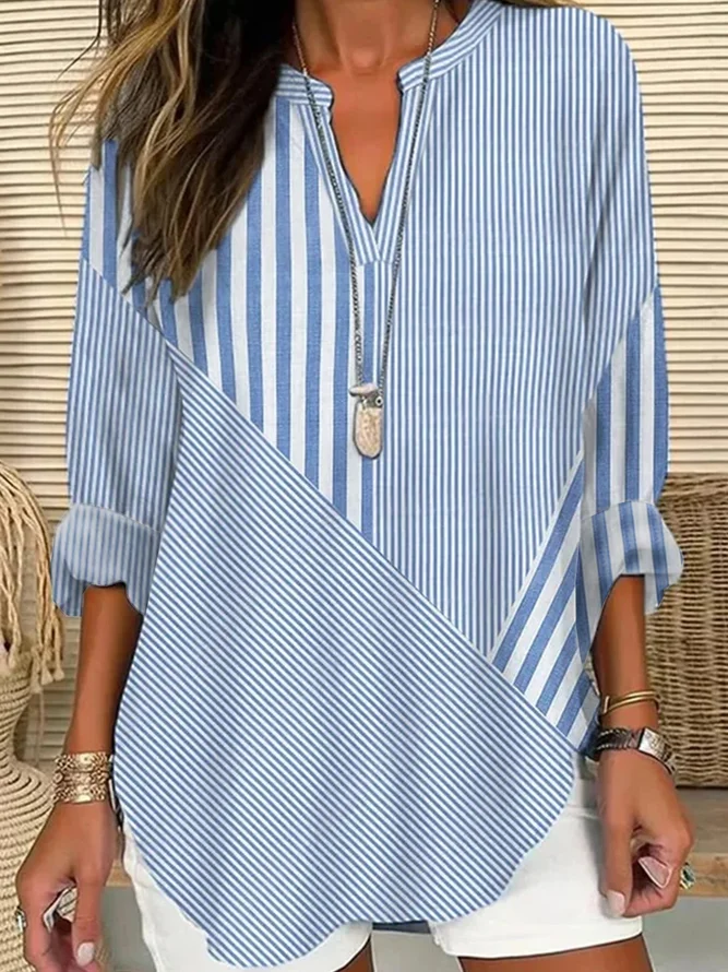 Damen Gestreift Lässig Frühling/Herbst Print Täglich Weit Baumwollmischung Regelmäßig A-Linien Bluse
