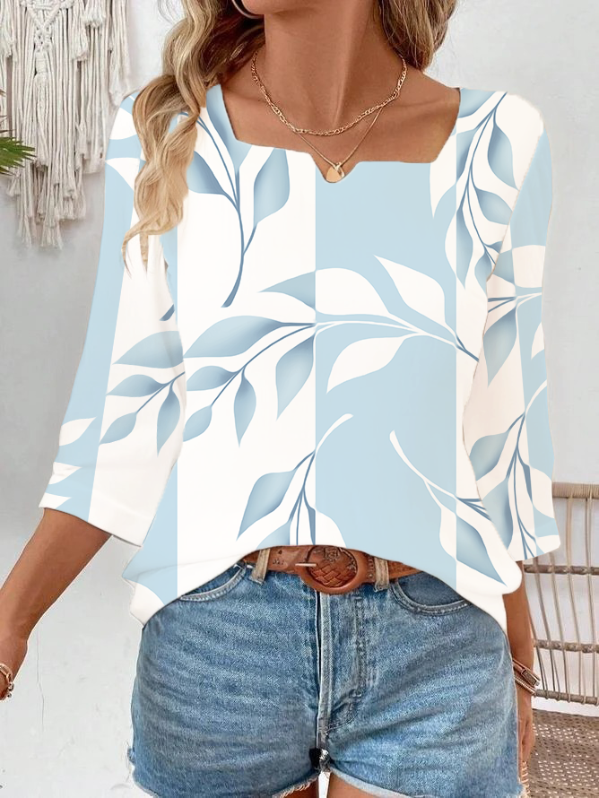 Damen Casual Geblümt Frühling/Herbst Print Täglich Weit Dreiviertelärmel Gekerbt Regelmäßig Bluse