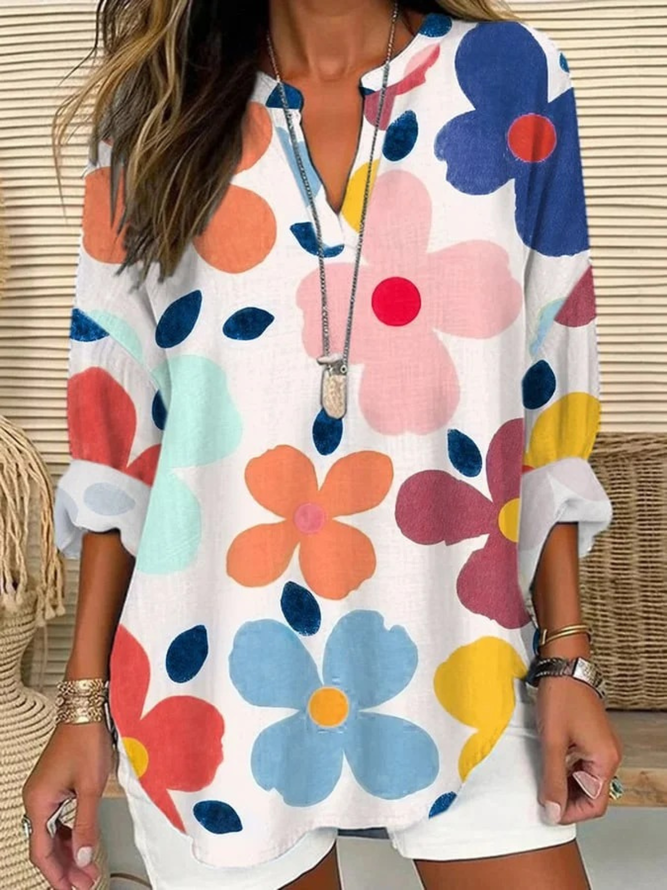 Damen Einfach Geblümt Sommer Polyester Keine Elastizität Täglich Halbarm Schalkragen Regelmäßig Bluse