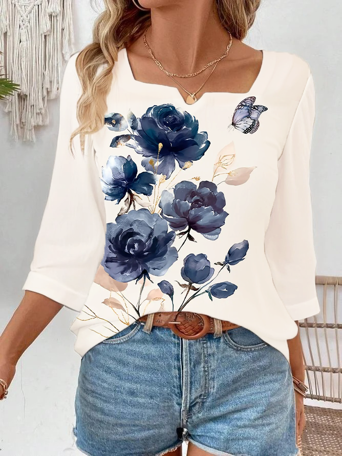 Lässig Geblümt Frühling/Herbst Polyester Print Weit Dreiviertelärmel H-Linie Regelmäßig Bluse für Damen