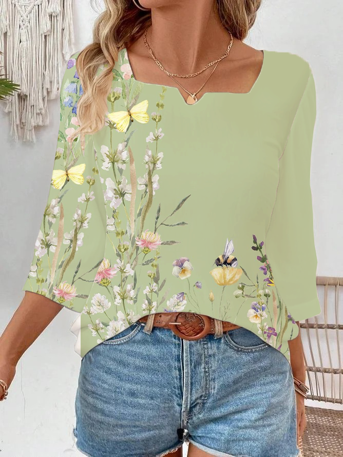 Damen Casual Geblümt Frühling/Herbst Print Keine Elastizität Täglich Weit Dreiviertelärmel Gekerbt Bluse