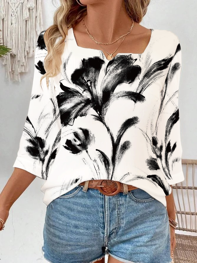 Damen Casual Geblümt Frühling/Herbst Täglich Dreiviertelärmel Gekerbt Regelmäßig H-Linie Regelmäßig Bluse