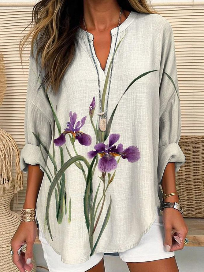 Damen Casual Geblümt Frühling/Herbst V-Ausschnitt Täglich Weit Langarm Regelmäßig Regelmäßig Bluse