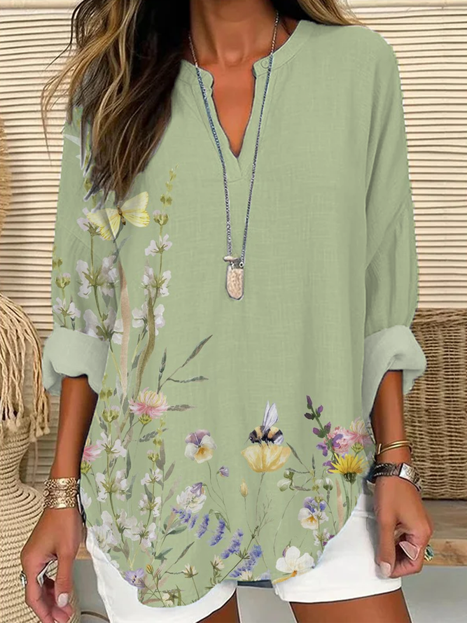 Damen Casual Geblümt Frühling/Herbst Print Weit Langarm Baumwollmischung Regelmäßig A-Linien Bluse