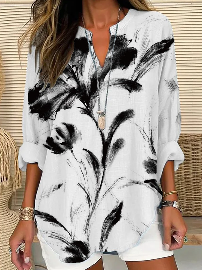 Damen Casual Geblümt Frühling/Herbst V-Ausschnitt Print Langarm Regelmäßig A-Linien Regelmäßig Bluse