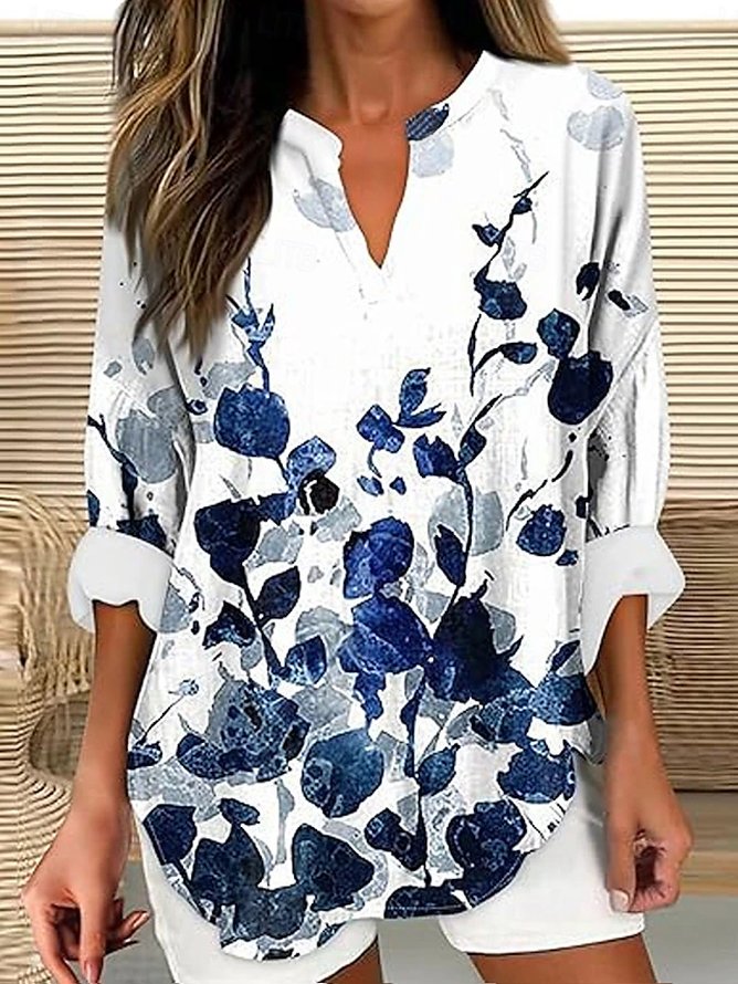 Damen Casual Geblümt Frühling/Herbst V-Ausschnitt Print Weit Langarm Regelmäßig Regelmäßig Bluse