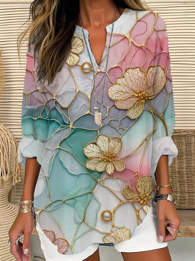Damen Casual Geblümt Frühling/Herbst Print Täglich Weit Langarm Baumwollmischung Regelmäßig Bluse