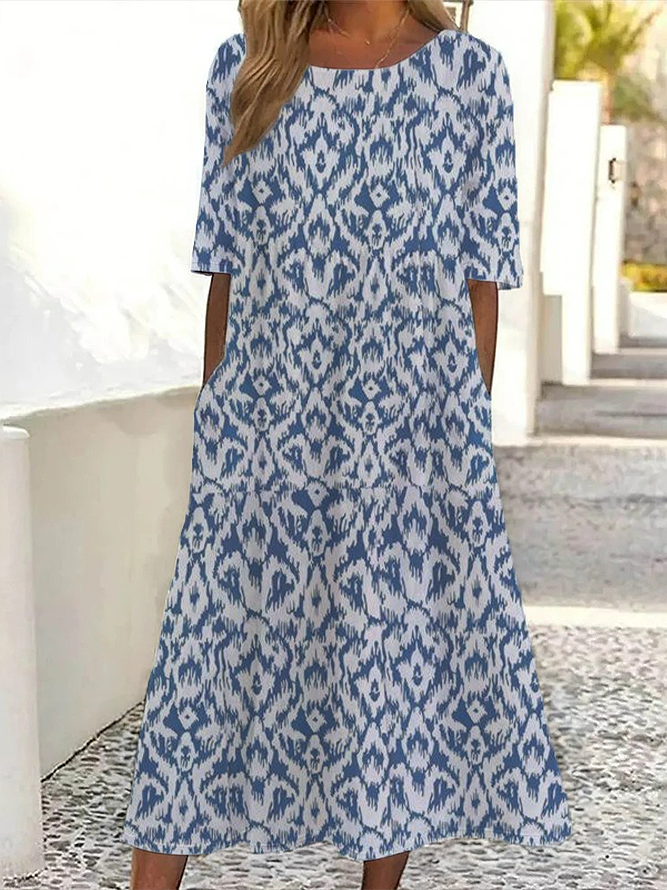 Damen Casual Geblümt Sommer Polyester Mikroelastizität Weit Maxikleid Rundhals H-Linie Kleider