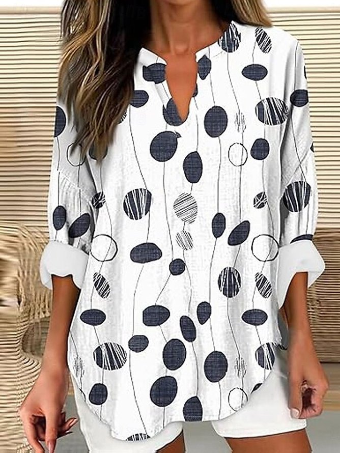 Damen Casual Frühling/Herbst Abstrakte Tupfen V-Ausschnitt Weit Langarm Baumwollmischung Regelmäßig A-Linien Bluse