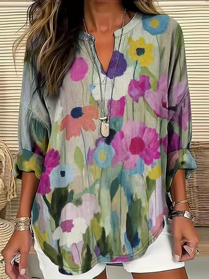 Damen Casual Geblümt Frühling/Herbst V-Ausschnitt Keine Elastizität Langarm Baumwollmischung A-Linien Regelmäßig Bluse