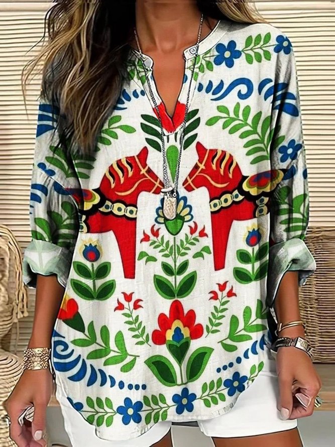Damen Elegant Ethnisch Frühling/Herbst Baumwolle Nein Elastizität Täglich Weit Langarm Schalkragen Bluse
