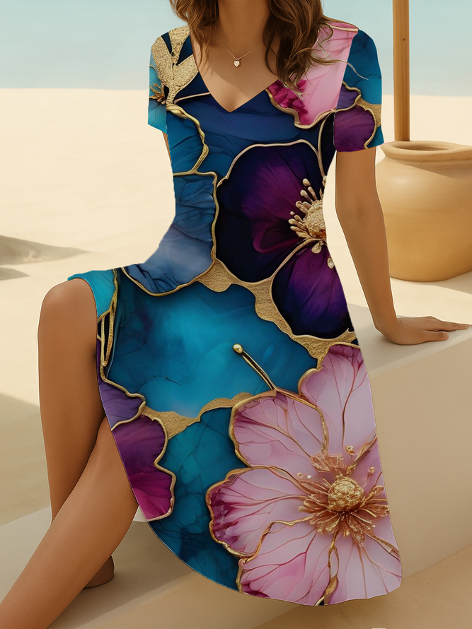 Damen Casual Geblümt Sommer V-Ausschnitt Print Midi A-Linien Passen & Flare Kleid Nein Kleider