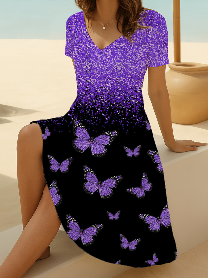 Damen Casual Sommer Schmetterling Polyester V-Ausschnitt A-Linien Regelmäßige Passform & Flare Kleid Nein Kleider