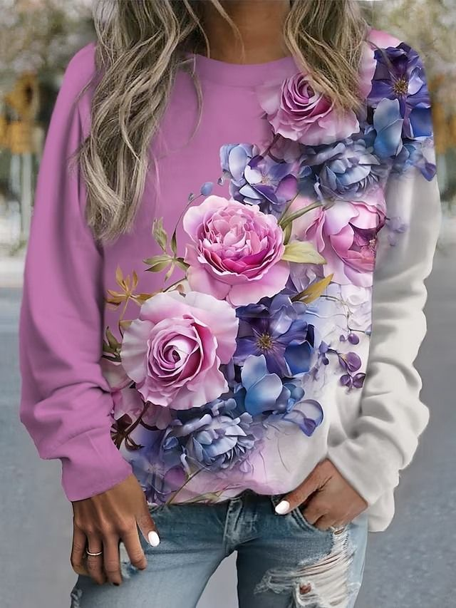Lässig Geblümt Frühling/Herbst Polyester Keine Elastizität Täglich Weit Langarm Regelmäßig Sweatshirts für Damen
