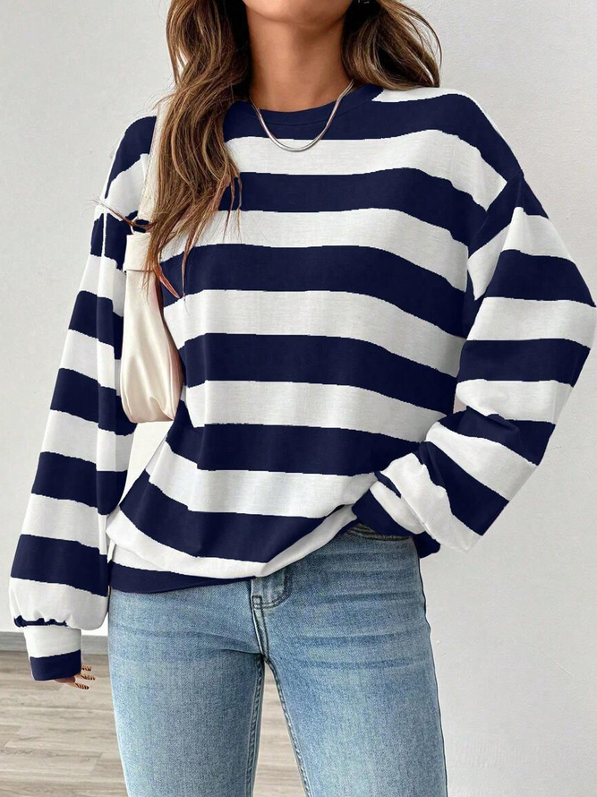 Damen Gestreift Lässig Frühling/Herbst Polyester Print Keine Elastizität Rundhals Regelmäßig H-Linie Sweatshirts