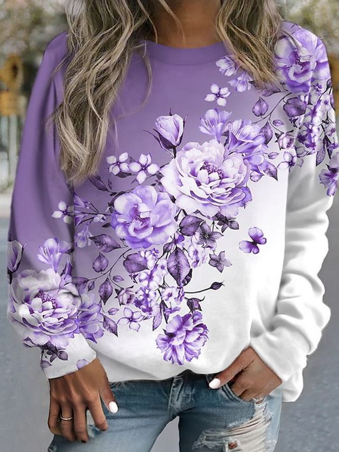 Damen Casual Geblümt Frühling/Herbst Normal Keine Elastizität Rundhals Regelmäßig H-Linie Regelmäßig Sweatshirts