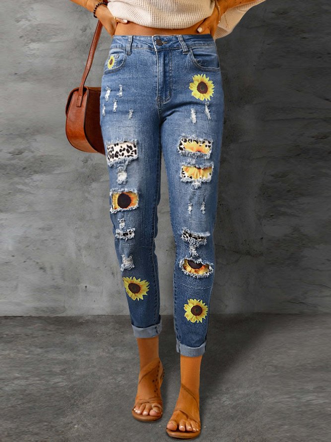 Urban Geblümt Frühling/Herbst Denim Mikroelastizität Date Lang A-Linien Regelmäßig Jeans für Damen