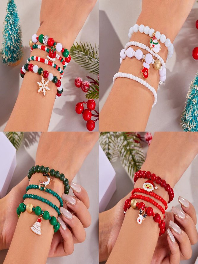Damen Casual Weihnachten Alle Jahreszeiten Nahtverarbeitung Date Harz Hölzerne Weihnachten Multilayer Armband Armbänder