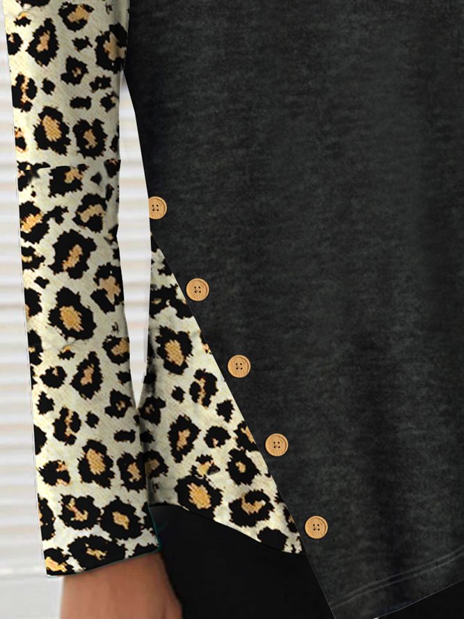 Langarm Leopard Damen Blusen mit Rundhals