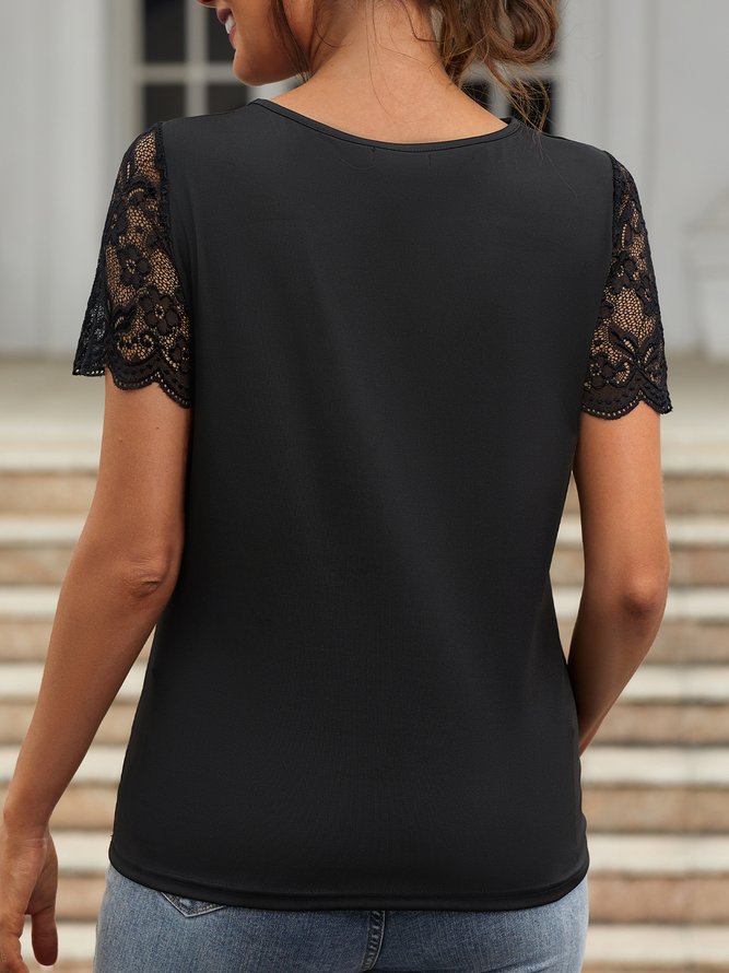 Schwarz V-Ausschnitt Lässig Baumwollgemisch Kurzarm T-Shirt