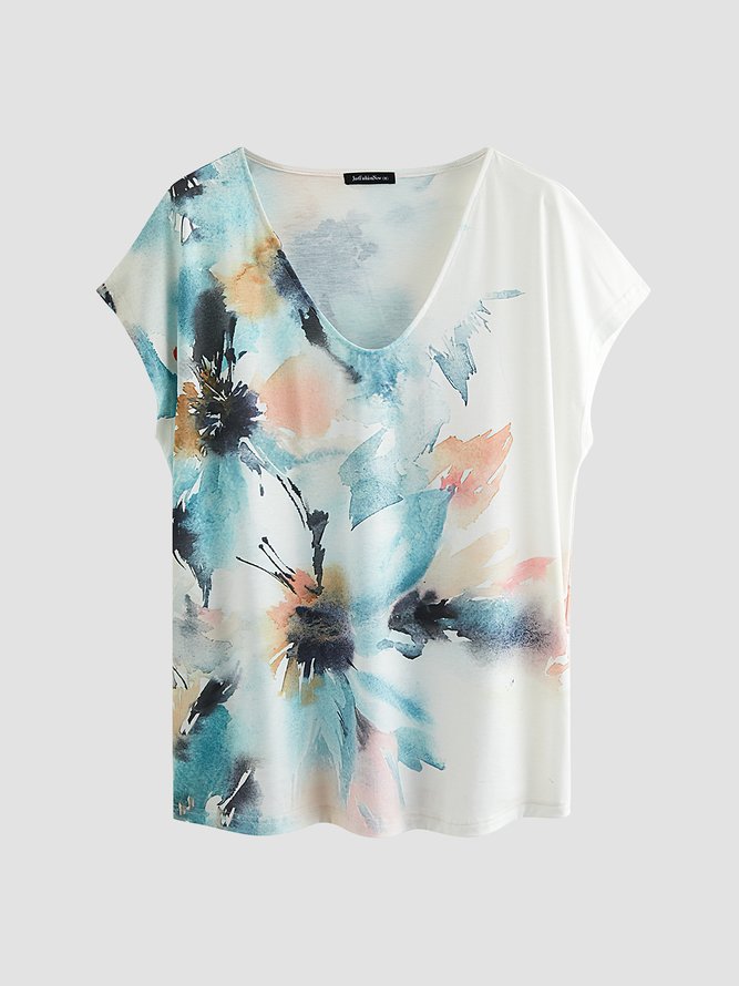 V-Ausschnitt Blumenmuster Hemdärmel T-Shirt