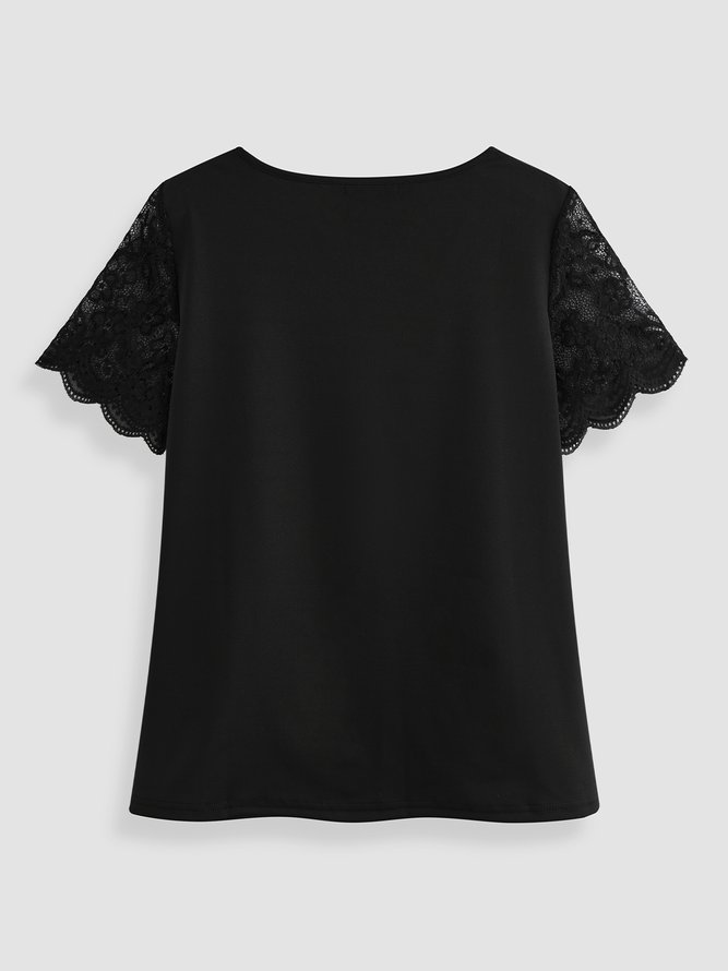 Schwarz V-Ausschnitt Lässig Baumwollgemisch Kurzarm T-Shirt