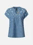Damen Leinenbluse Stickerei Geblümt Sommer V-Ausschnitt Lässig Shirts