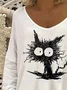 Katze Print V-Ausschnitt Langarm Lässig Weit T-Shirts
