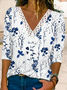 Damen Lässig Geblümt Herbst V-Ausschnitt Täglich Jersey Langarm Regelmäßig Regelmäßig Größe T-Shirt