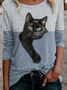 Schwarz Katze Rundhals Lässig Weit T-Bluse
