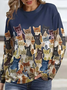 Lässig Marineblau Katze Leicht Rundhalsausschnitt Sweatshirt