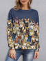 Lässig Marineblau Katze Leicht Rundhalsausschnitt Sweatshirt