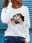 Lässig Katze Rundhals Geknöpft T-Shirt