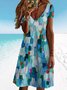 Damen Blau Stereoskopisches 3D Bürste Print V-Ausschnitt Kleid