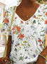 Damen Geblümt Baumwolle Lässig V-Ausschnitt Weit T-Shirt