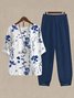 Damen Geblümt Schnalle Zweiteiliges Set Täglich Dreiviertelärmel Lässig Frühling/Herbst Bluse mit Hose Matching Set