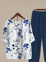 Damen Geblümt Schnalle Zweiteiliges Set Täglich Dreiviertelärmel Lässig Frühling/Herbst Bluse mit Hose Matching Set