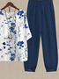 Damen Geblümt Schnalle Zweiteiliges Set Täglich Dreiviertelärmel Lässig Frühling/Herbst Bluse mit Hose Matching Set