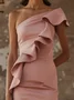 Damen Ärmellos Sommer Unifarben Gerüscht Kleid Schulterfrei Date Ausgehen Urban Mini Hauteng Pink