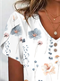 Geblümt Lässig Blütenblatt Ärmel Jersey T-Shirt