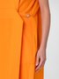 Damen Flügelärmel Sommer Unifarben Gerüscht Baumwolle Kleid Stehkragen Date Ausgehen Urban Midi H-Linie Orange