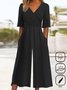 Damen Unifarben V-Ausschnitt Kurzarm Lässig Sommer Baumwolle Jumpsuit