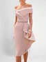 Fehaute Damen Kurzarm Sommer Unifarben Gerüscht Kleid Schulterfrei Cocktail Ausgehen Urban Midi Hauteng Pink