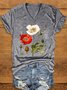 Damen Kurzarm T-Shirts T-Shirt Sommer Geblümt Gestrickt V-Ausschnitt Täglich Ausgehen Lässig Oberteile Weiß